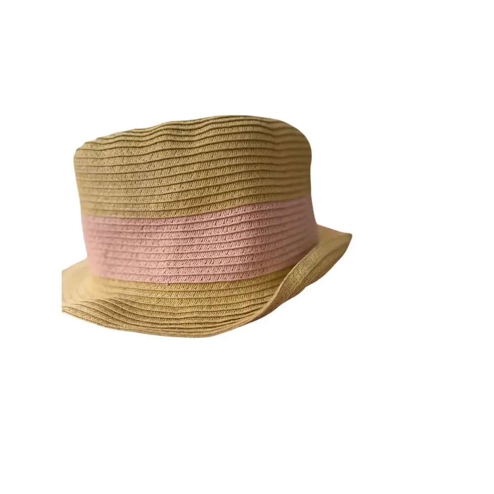 Old Navy Straw Fedora Hat S/M Tan Pink Colorblock Paper Blend Summer Resort